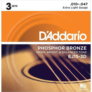 DAddario Ej15 3D Phosphor Bronze Acoustic Guitar Strings Extra Light 3 Sets-Buzz Music