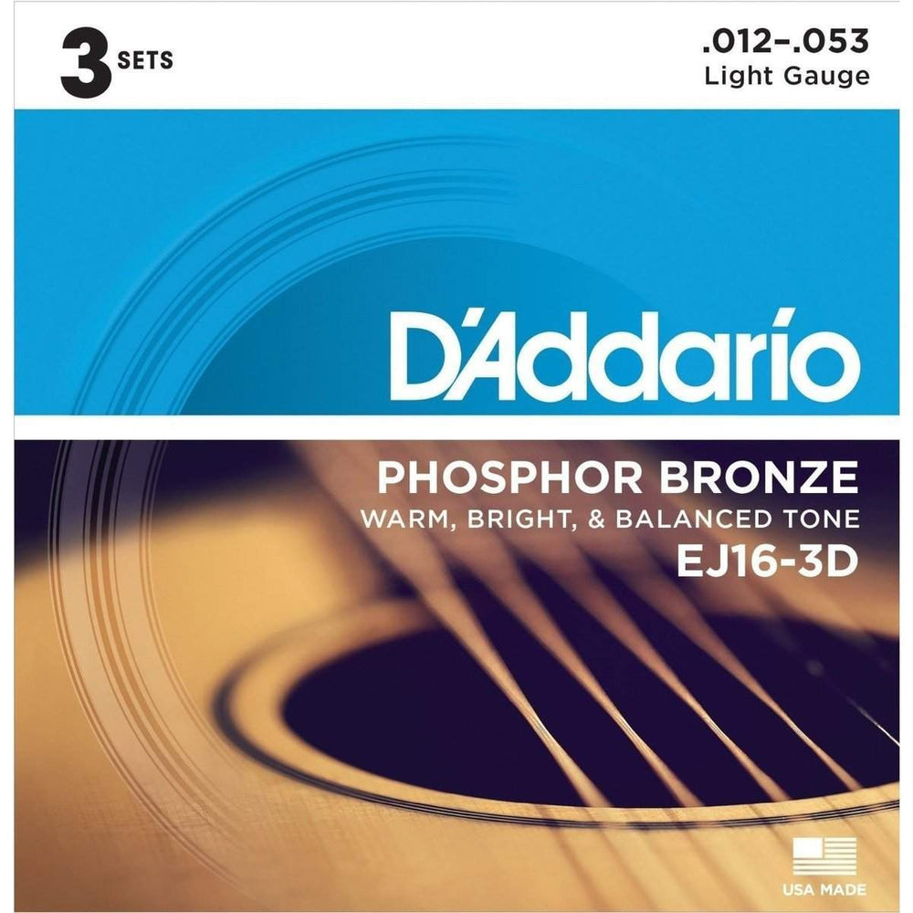 DAddario Ej16 3D Phosphor Bronze Acoustic Guitar Strings Light 3 Sets-Buzz Music