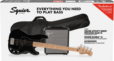 Squier Affinity Series Precision Bass Pj Pack Maple Fingerboard Black Gig Bag Rumble 15 240V Au-Buzz Music
